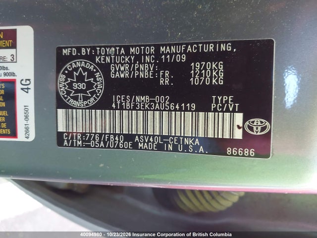 40094980 :رقم المزاد ، 4T1BF3EK3AU564119 vin ، 2010 Toyota Camry مزاد بيع