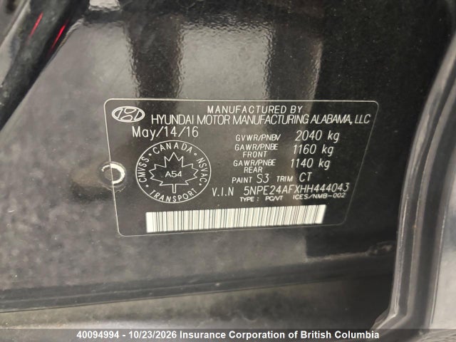 40094994 :رقم المزاد ، 5NPE24AFXHH444043 vin ، 2017 Hyundai Sonata Gls مزاد بيع