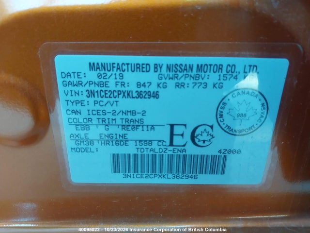 3N1CE2CPXKL362946 Nissan Versa