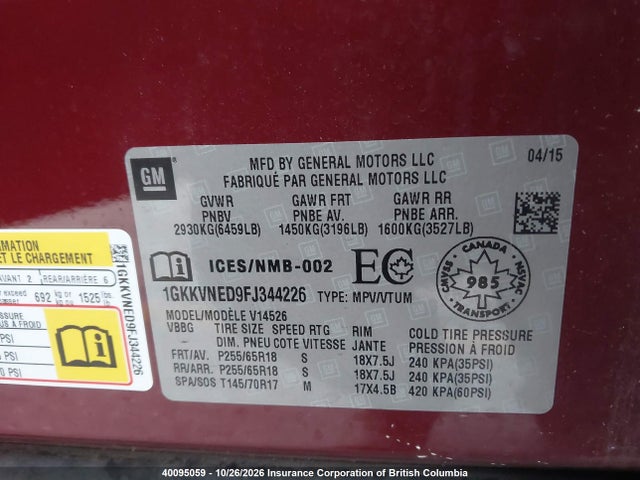 GMC ACADIA SLE 2015 1GKKVNED9FJ344226 Image 9