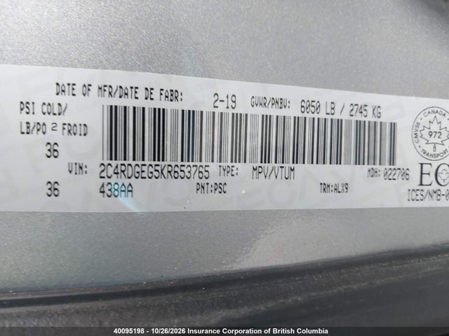2019 Dodge Grand Caravan Gt მანქანა იყიდება აუქციონზე, vin: 2C4RDGEG5KR653765, აუქციონის ნომერი: 40095198