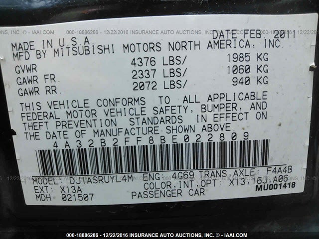 Продаж на аукціоні авто 2011 Mitsubishi Galant Es, vin: 4A32B2FF8BE022809, номер лоту: 18886286