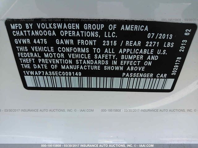 1VWAP7A35EC009149 Volkswagen Passat 2.5l S