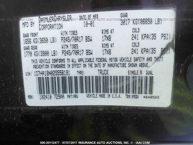 Aukcja sprzedaży 2002 Dodge Ram 1500 Slt, vin: 1D7HA18N02S558191, numer aukcji: 20112477