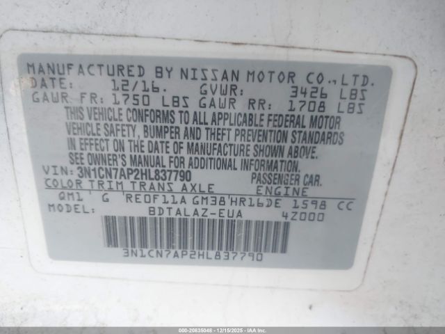 2017 NISSAN VERSA 3N1CN7AP2HL837790 Photo 8