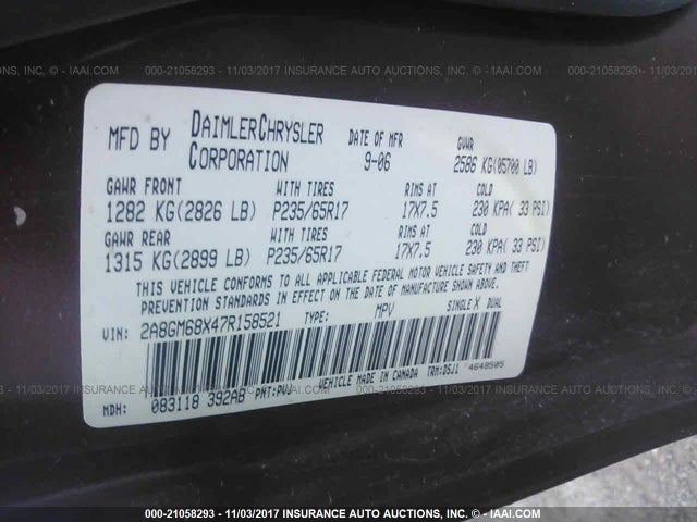 2007 Chrysler Pacifica Touring მანქანა იყიდება აუქციონზე, vin: 2A8GM68X47R158521, აუქციონის ნომერი: 21058293