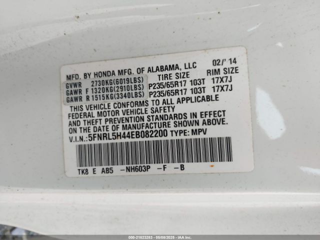 5FNRL5H44EB082200 Honda ODYSSEY EX