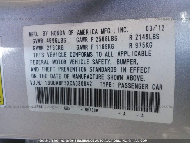 2012 ACURA TL 19UUA8F5XCA030042 Photo 8