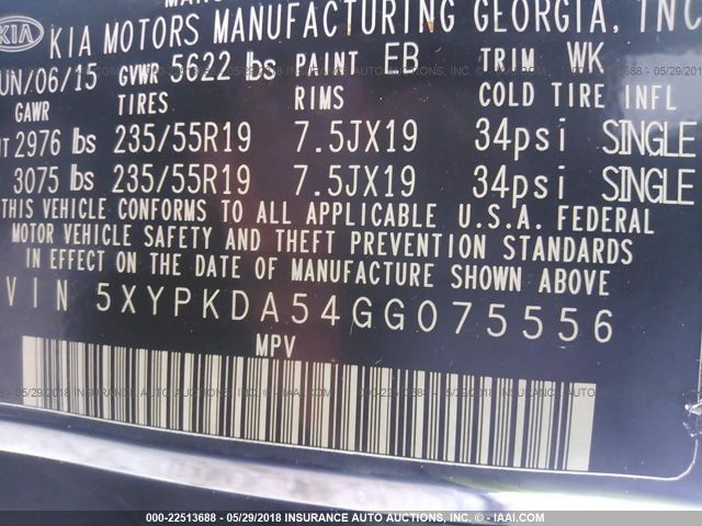5XYPKDA54GG075556 KIA SORENTO SX