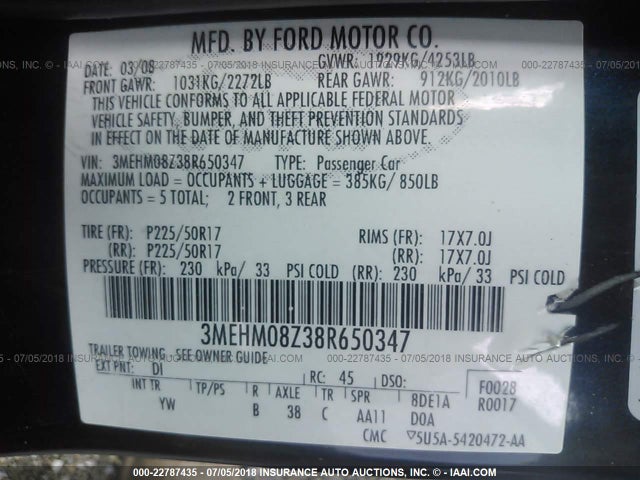 2008 MERCURY MILAN VIN: 3MEHM08Z38R650347