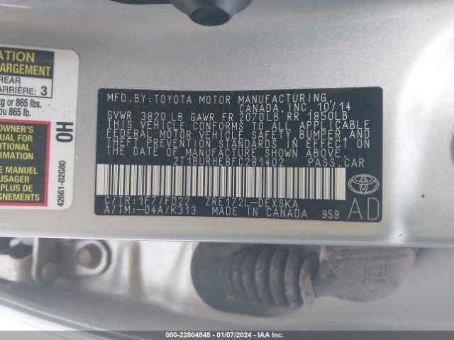 2T1BURHE8FC281402 Toyota Corolla S Plus/s Premium/s/le Plus/le Premium/l/le