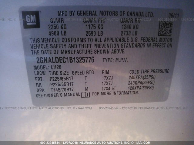 2011 CHEVROLET EQUINOX VIN: 2GNALDEC1B1325776
