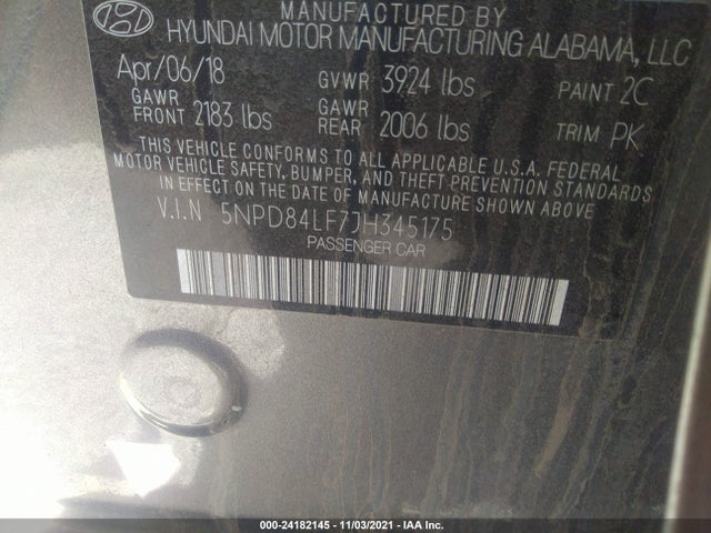 5NPD84LF7JH345175 Hyundai mpi nu