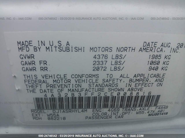 2012 MITSUBISHI GALANT 4A32B3FF2CE008816 Photo 8
