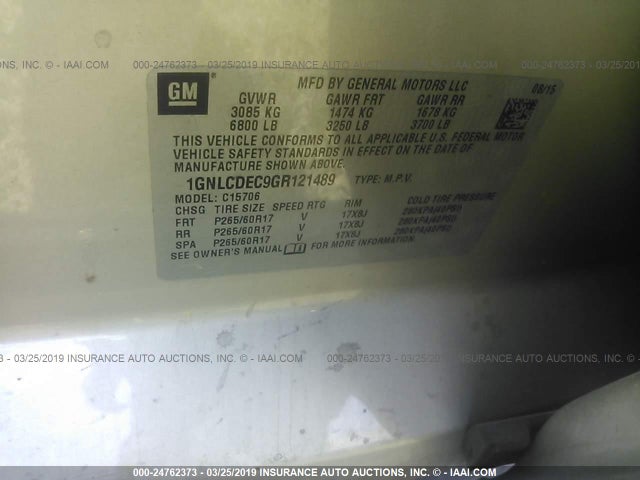 Chevrolet Tahoe Commercial Fleet 2016 1GNLCDEC9GR121489 Image 9