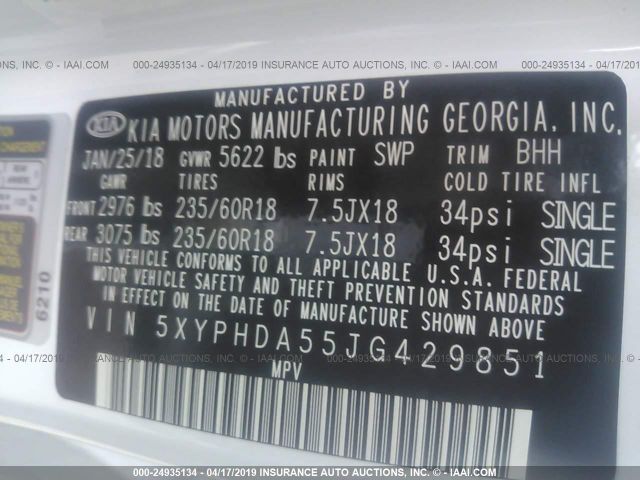 5XYPHDA55JG429851 KIA Sorento Ex V6