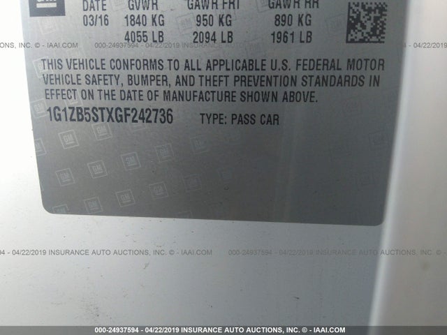 Chevrolet MALIBU LS 2016 1G1ZB5STXGF242736 Image 9