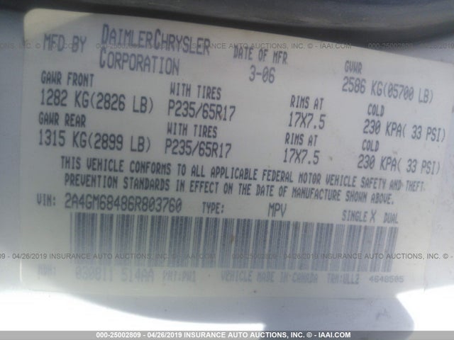 Продаж на аукціоні авто 2006 Chrysler Pacifica Touring, vin: 2A4GM68486R803760, номер лоту: 25002809