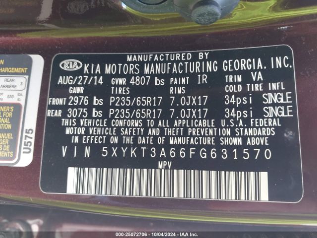 5XYKT3A66FG631570 KIA SORENTO LX