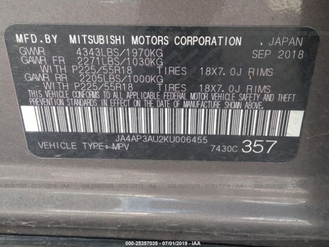JA4AP3AU2KU006455 Mitsubishi Outlander Sport 2.0 Es/2.0 Le/2.0 Sp
