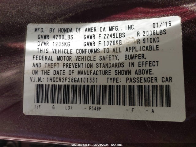 Honda ACCORD LX 2016 1HGCR2F36GA101551 Image 9