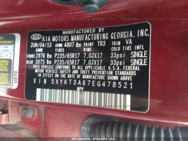 2014 KIA SORENTO 5XYKT3A67EG478521 Photo 8