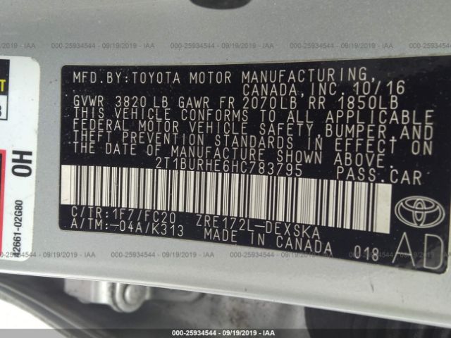 2017 TOYOTA COROLLA 2T1BURHE6HC783795 Photo 8