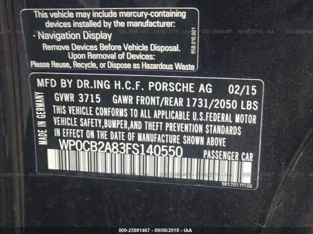 2015 Porsche Boxster, VIN: WP0CB2A83FS140550