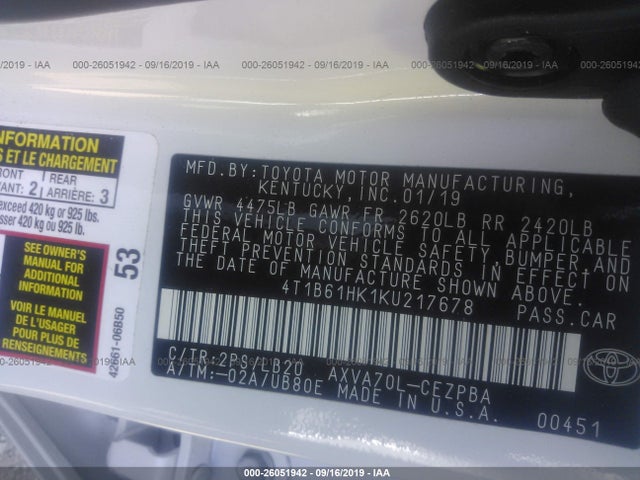 4T1B61HK1KU217678 Toyota CAMRY XSE