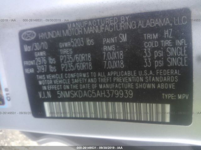 5NMSKDAG5AH379939 2010 HYUNDAI SANTA FE фото продажи на аукционе Америки no.9