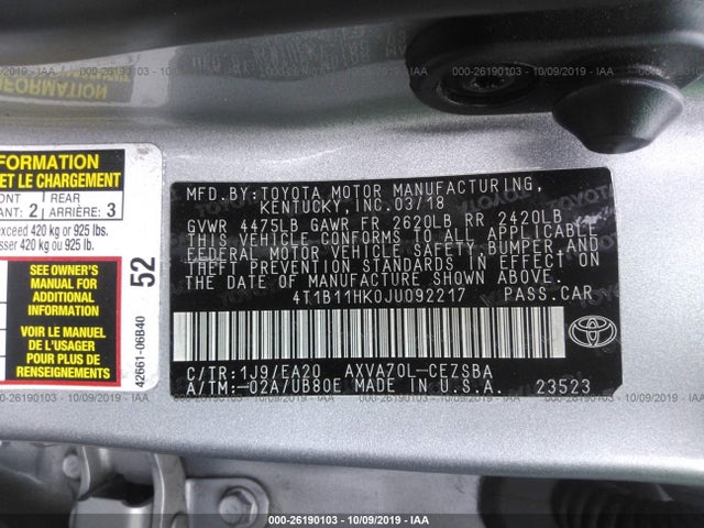 4T1B11HK0JU092217 Toyota Camry L/le/xle/se/xse