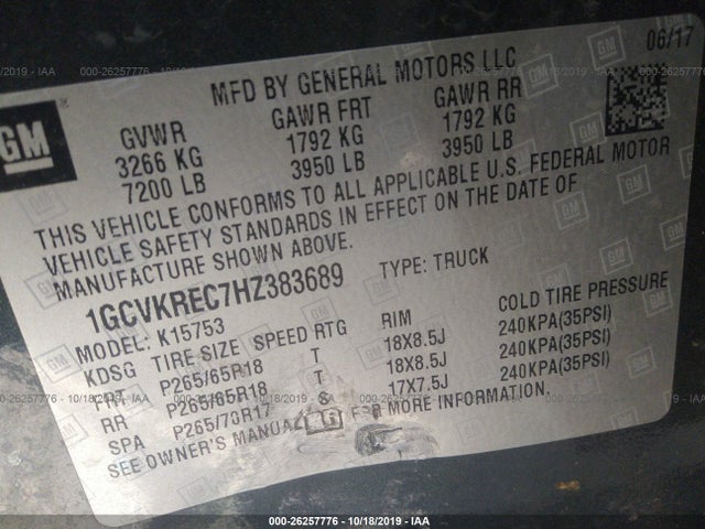 2017 CHEVROLET SILVERADO 1500 LT VIN: 1GCVKREC7HZ383689