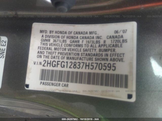 2HGFG12837H570595 2007 HONDA CIVIC фото продажи на аукционе Америки no.9