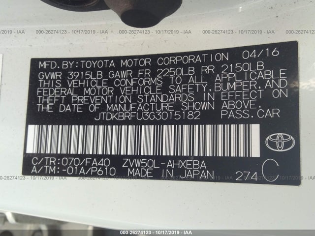 Toyota Prius Two 2016 JTDKBRFU3G3015182 Image 9