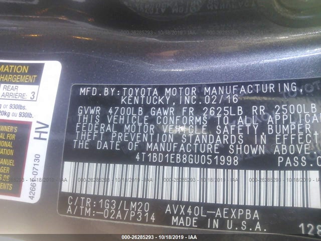 2016 Toyota Avalon, VIN: 4T1BD1EB8GU051998