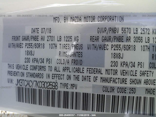 2019 Mazda CX-9, VIN: JM3TCACY7K0302598