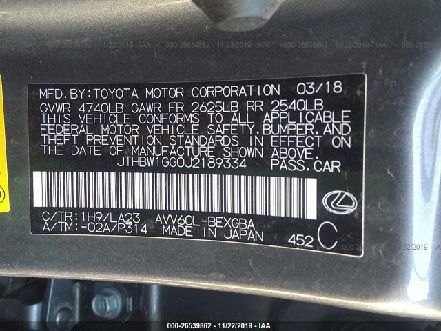 2018 Lexus ES, VIN: JTHBW1GG0J2189334