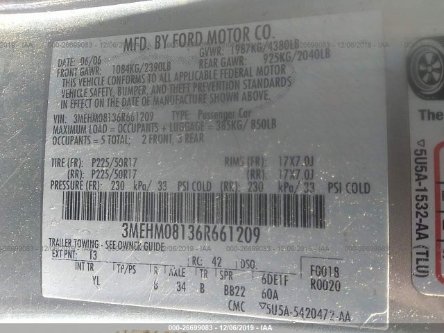 2006 MERCURY MILAN VIN: 3MEHM08136R661209