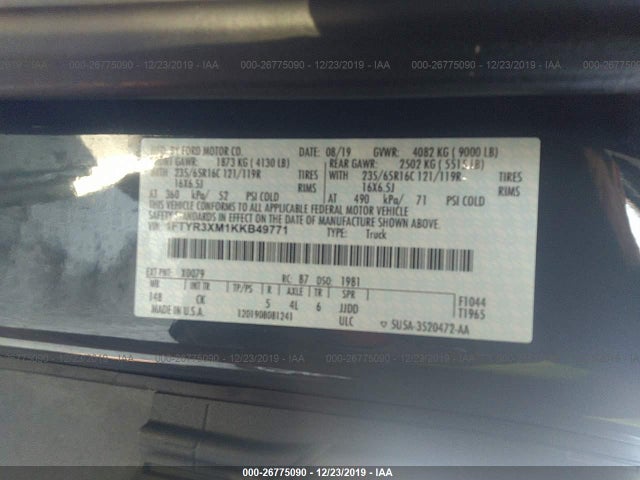 Ford TRANSIT VAN 2019 1FTYR3XM1KKB49771 Image 10