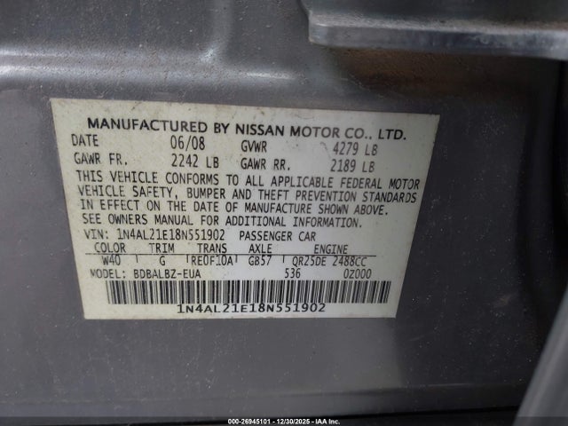 Aukcja sprzedaży 2008 Nissan Altima 2.5 S, vin: 1N4AL21E18N551902, numer aukcji: 26945101