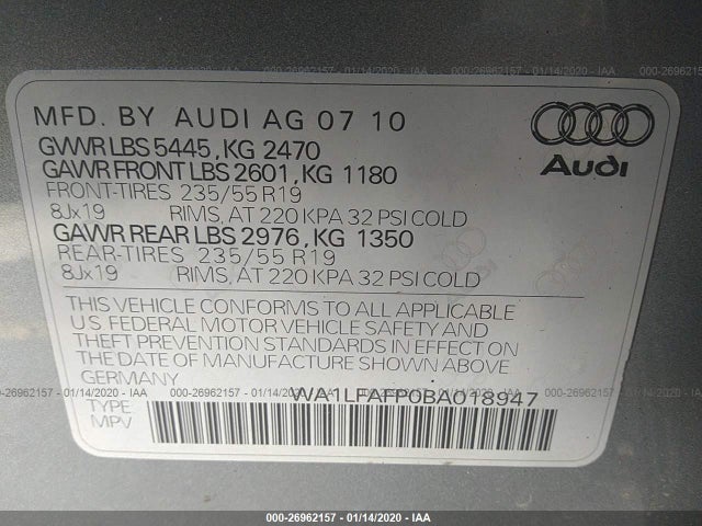 2011 AUDI Q5 2.0T PREMIUM PLUS VIN: WA1LFAFP0BA018947