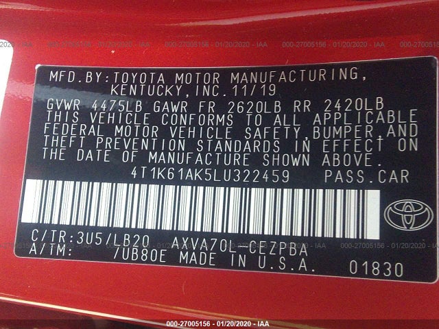 2020 Toyota Camry, VIN: 4T1K61AK5LU322459