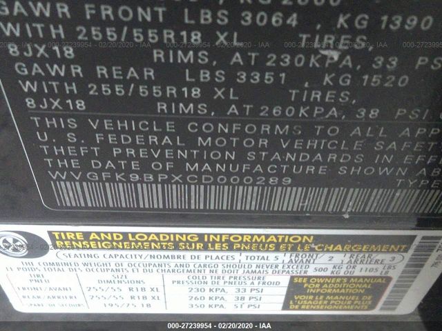 2012 VOLKSWAGEN TOUAREG WVGFK9BPXCD000289 Photo 8