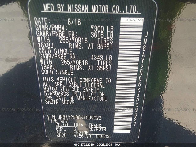2019 Nissan Armada, VIN: JN8AY2ND5KX009022