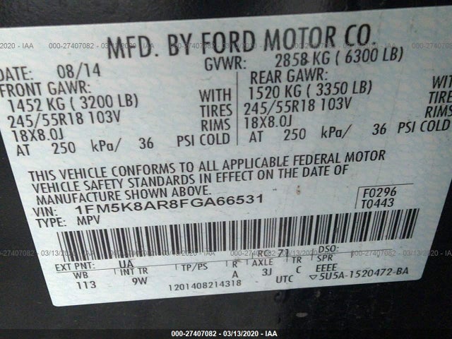 Ford UTILITY POLICE 2015 1FM5K8AR8FGA66531 Image 9