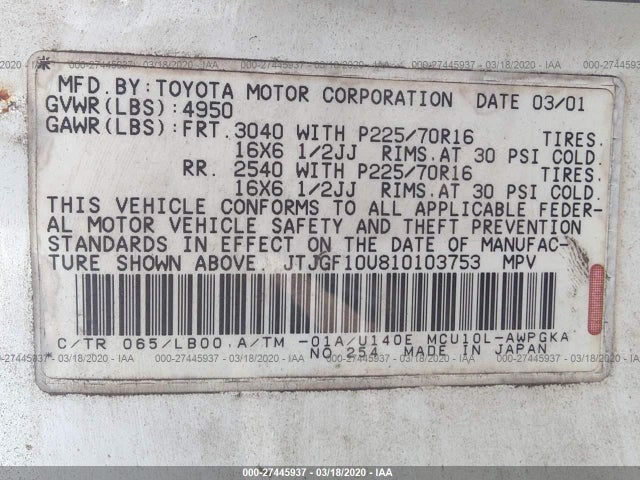 JTJGF10U810103753 Lexus RX 300