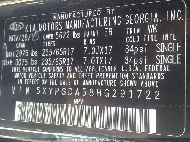 2017 Kia Sorento 3.3l Lx მანქანა იყიდება აუქციონზე, vin: 5XYPGDA58HG291722, აუქციონის ნომერი: 27531802