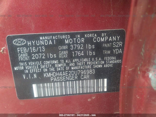 2013 HYUNDAI ELANTRA VIN: KMHDH4AE2DU796983