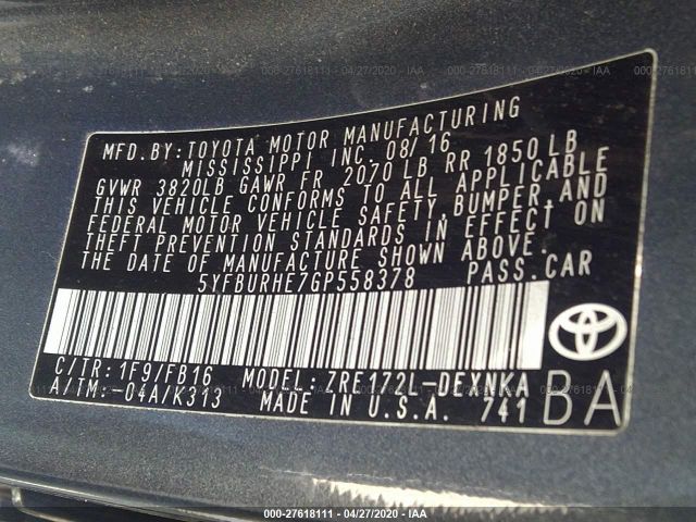 5YFBURHE7GP558378 Toyota Corolla Le Plus