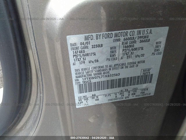 2001 FORD F-150 SUPERCREW VIN: 1FTRW07L71KB52563